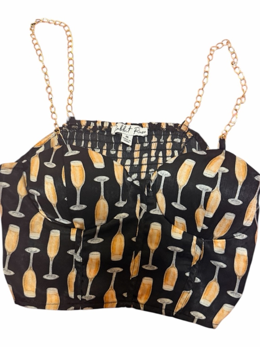 Rabbit Rose Champagne Print Crop Top - Black & Gold